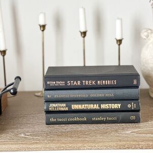 Stack of four black styling books